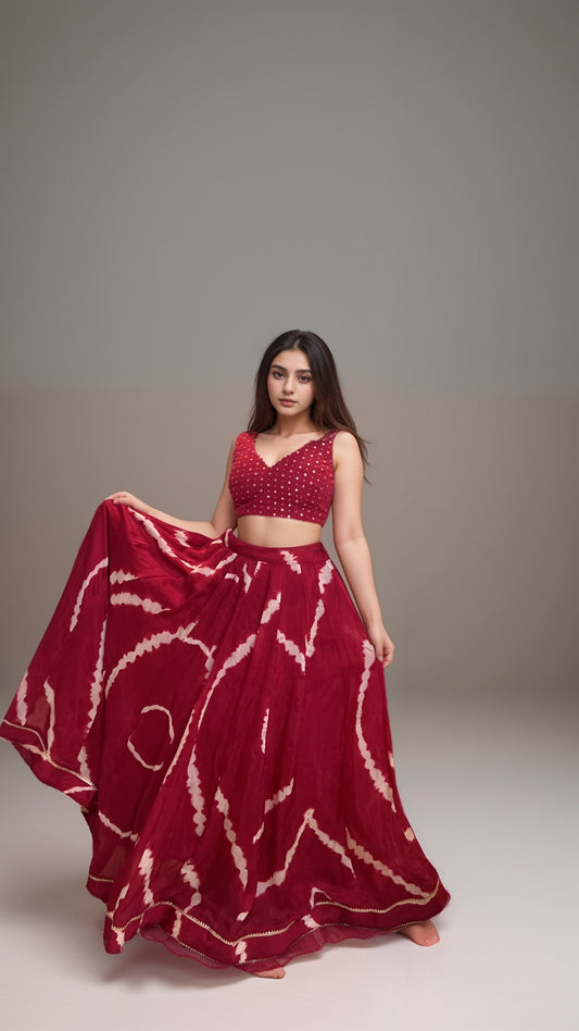 Red Ripple Leheriya Lehenga