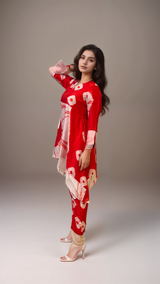 Red Reign Shibori-Bandhani Kurta Set
