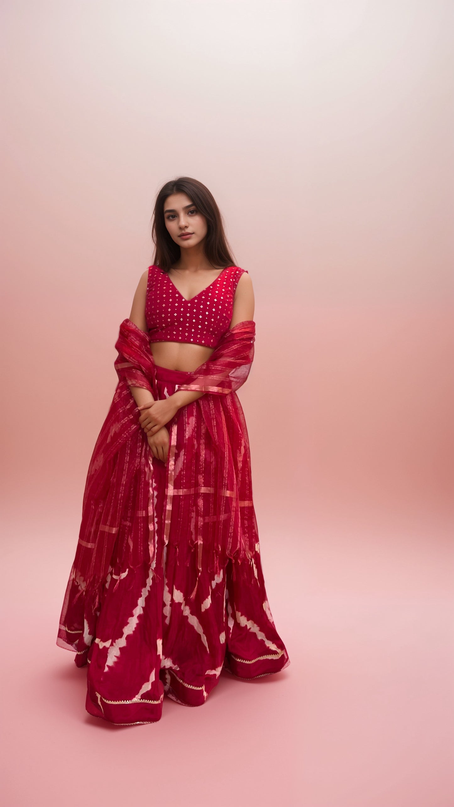 Red Ripple Leheriya Lehenga