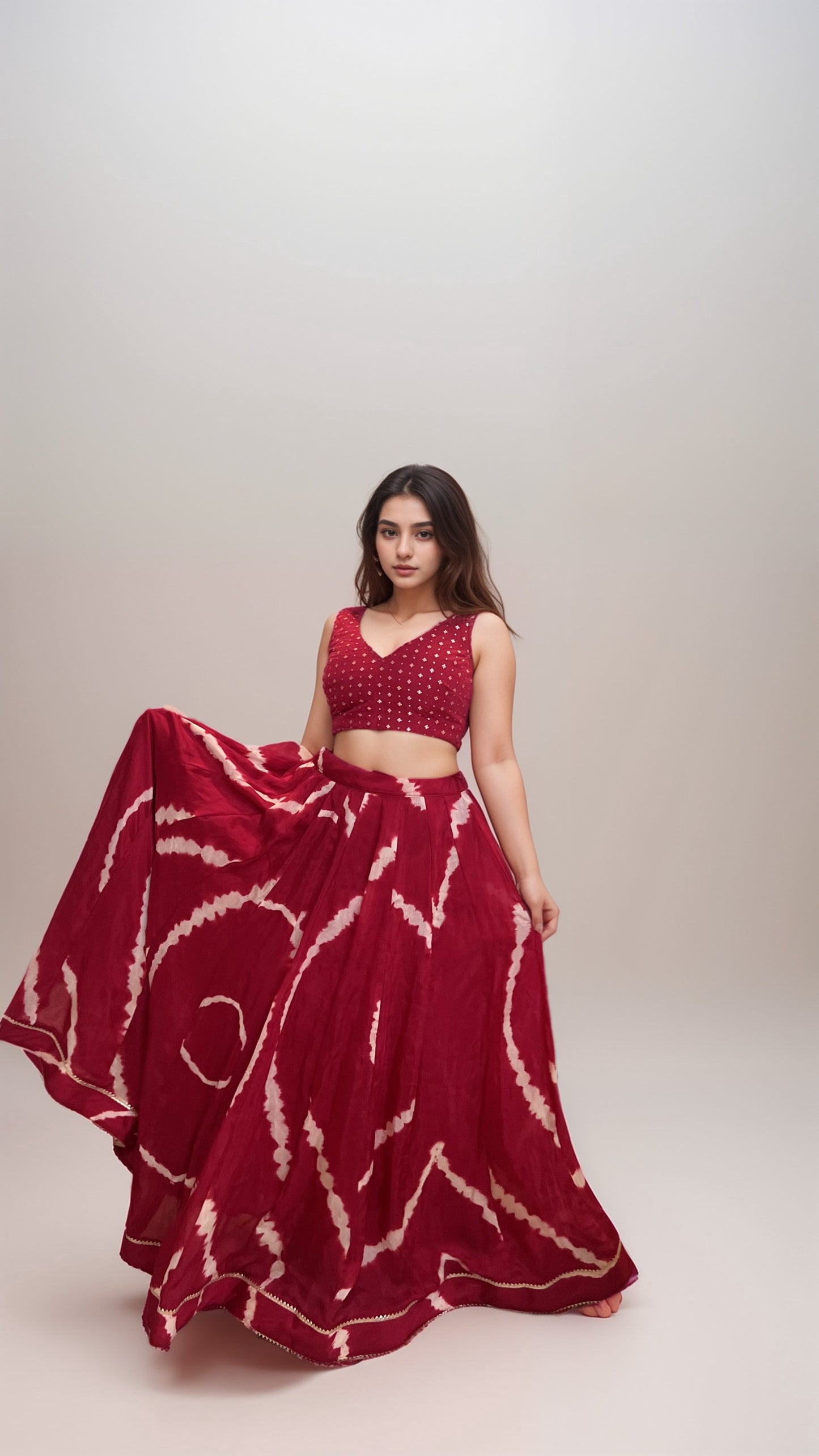 Red Ripple Leheriya Lehenga