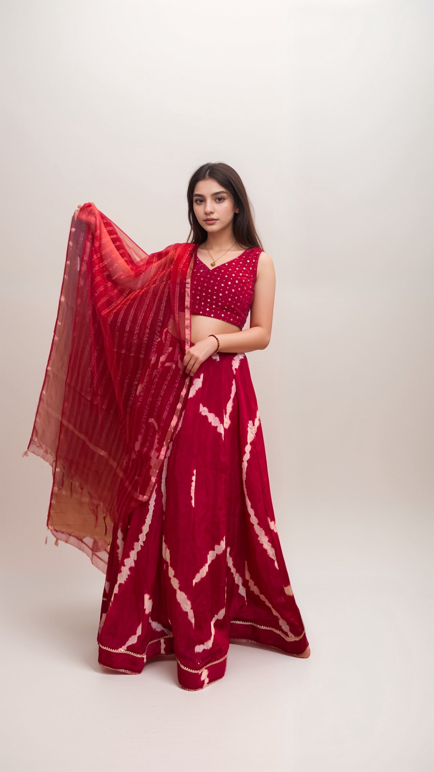 Red Ripple Leheriya Lehenga
