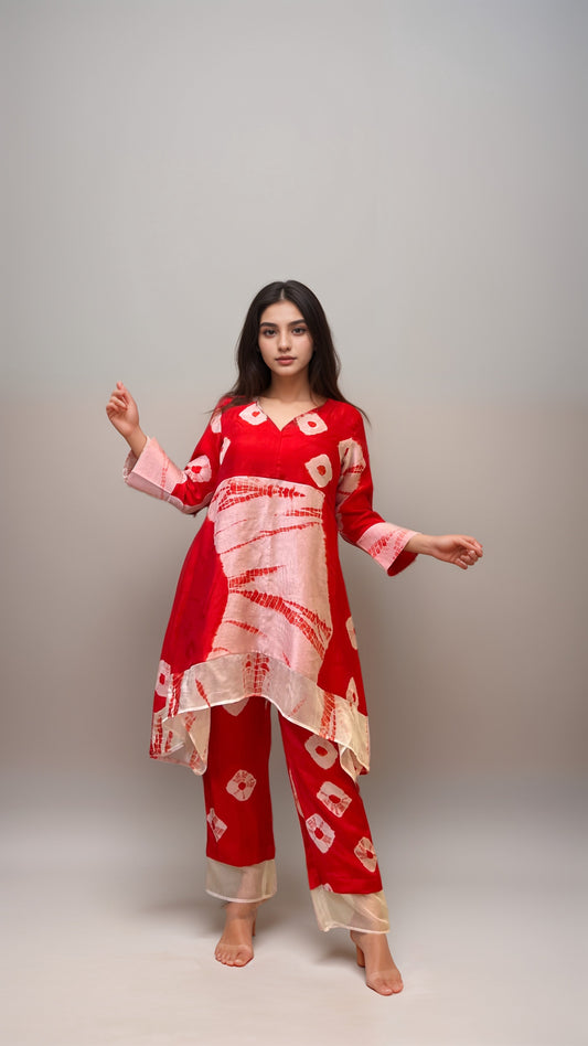 Red Reign Shibori-Bandhani Kurta Set
